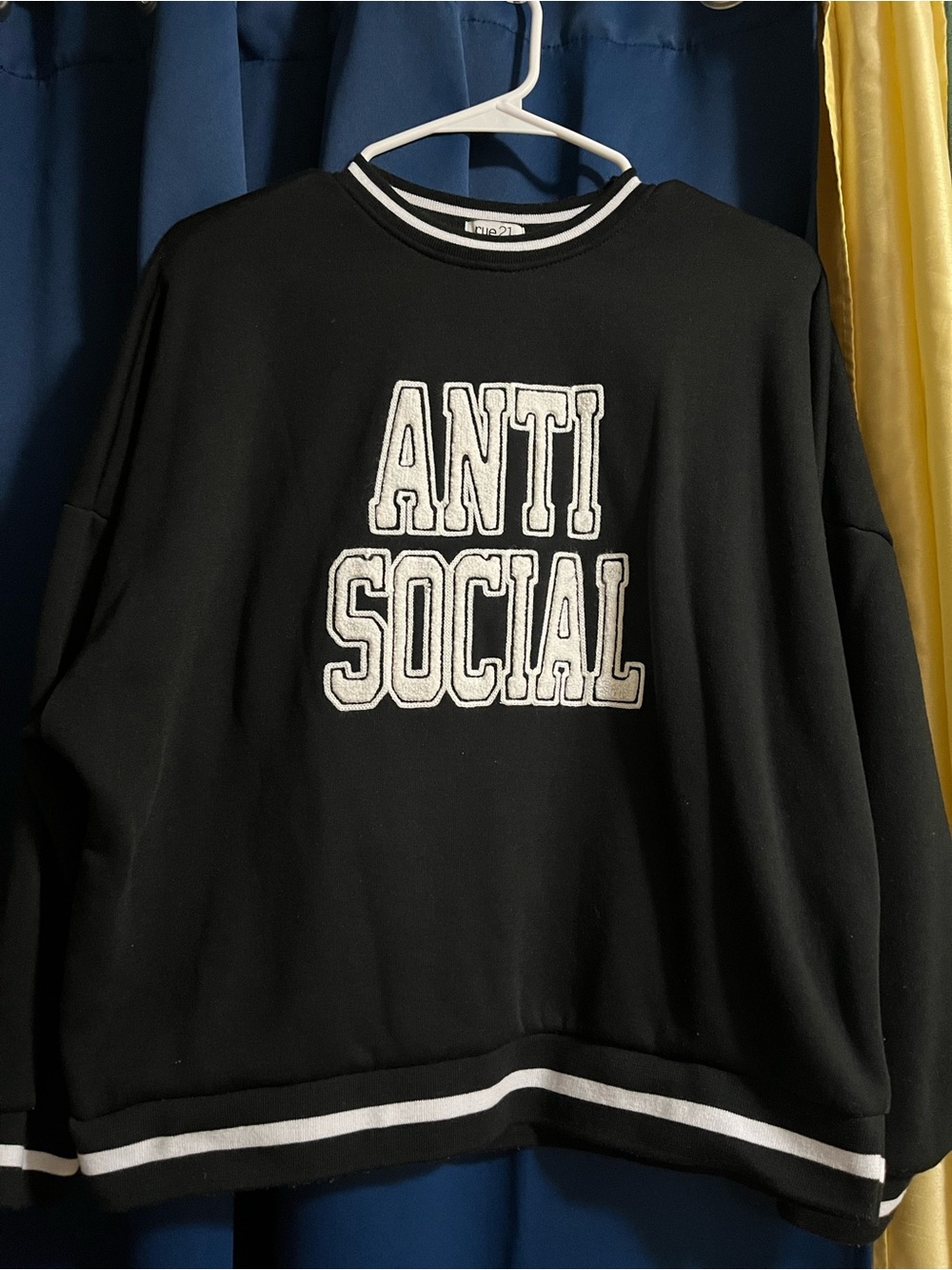 Rue21 Black Crewneck Sweater with White 'ANTI SOCIAL' Appliqué